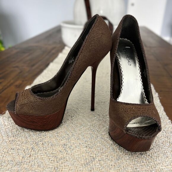 BEBE Brown Peep-Toe Platform Stiletto Heels Size 8 - Picture 4 of 10